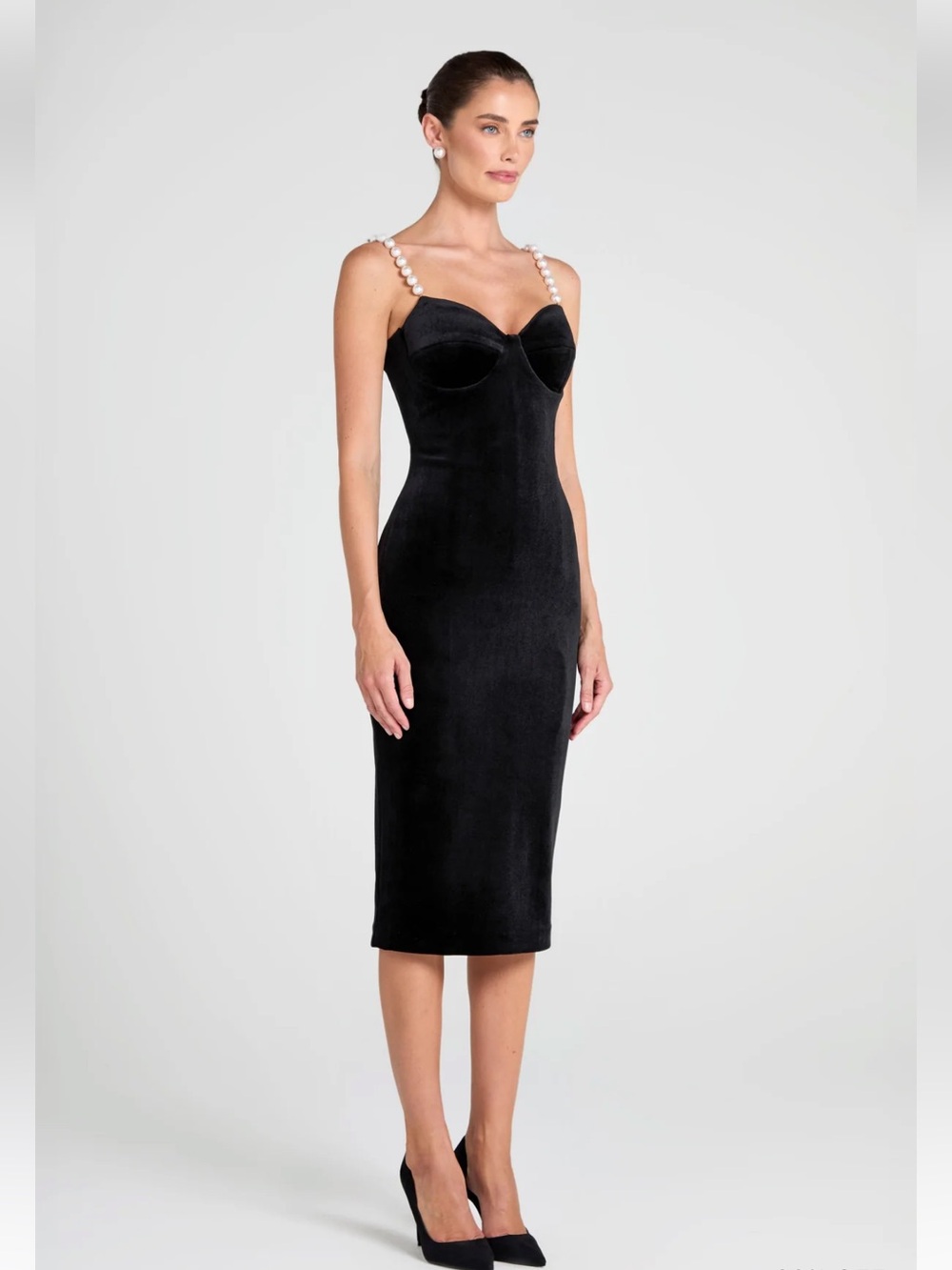 NADINE MERABI Emily Black Velvet Midi Dress with Pearl Straps Corset 4 New $500